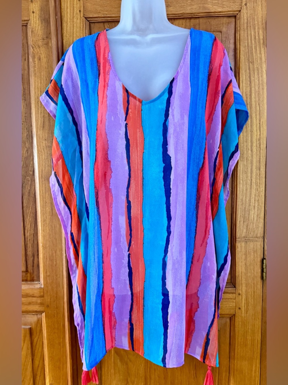 Vibrant Striped Swim Coverup Tunic - Blue, Purple & Coral
